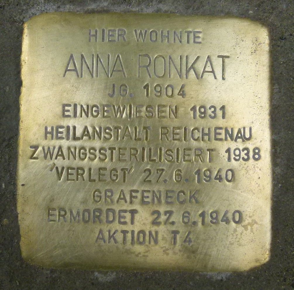 Stolperstein für Anna Maria Ronkat, Ratoldusstr. 37, Radolfzell, verlegt am 11. September 2015.