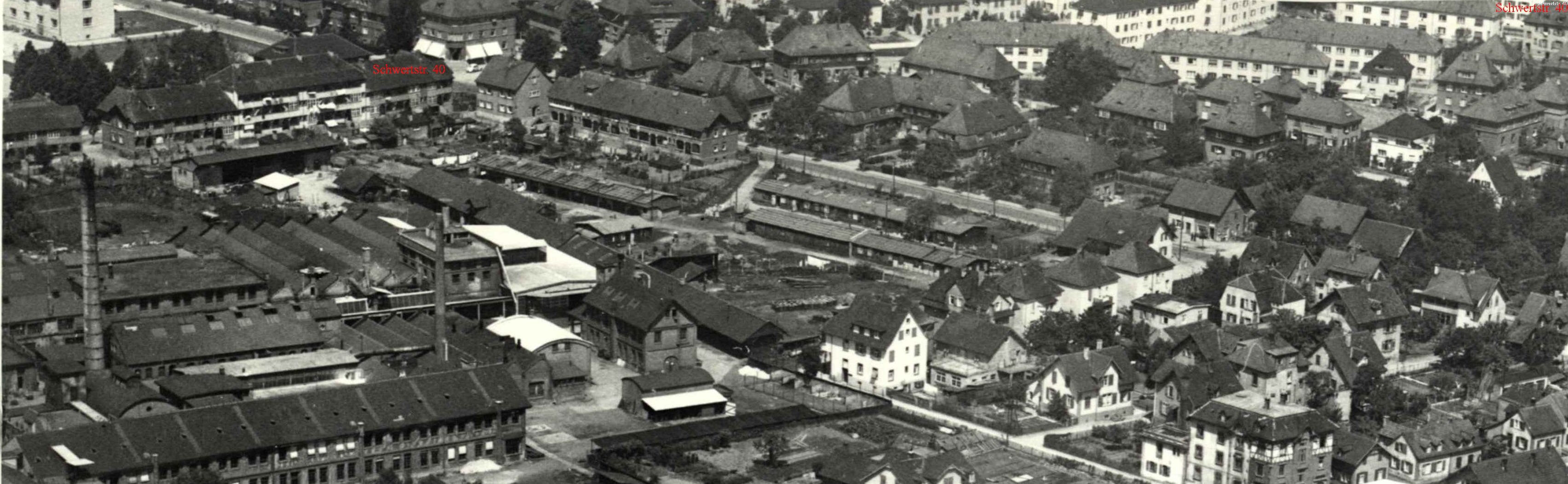 Das Wohnhaus der Familie Kaiser: Schwertstr. 40 (rote Markierung). Das Haus wurde nach 1955 abgerissen. Sein Standort befand sich an der Ecke Schwertstr./Ratoldusstr. Zeitgenössische Fotografie, um 1955. Sammlung Markus Wolter.