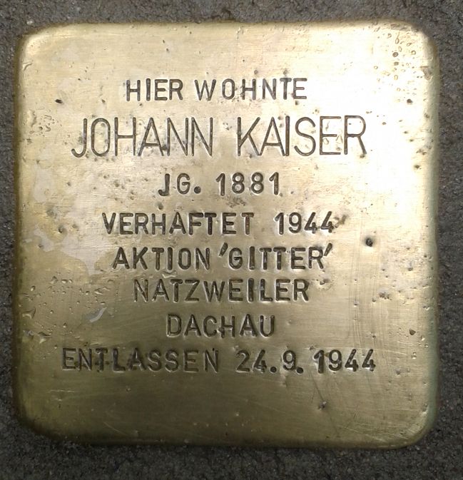 Stolperstein für Johann Kaiser, Schwertstr. 40, Radolfzell, verlegt am 2. Juli 2016.
