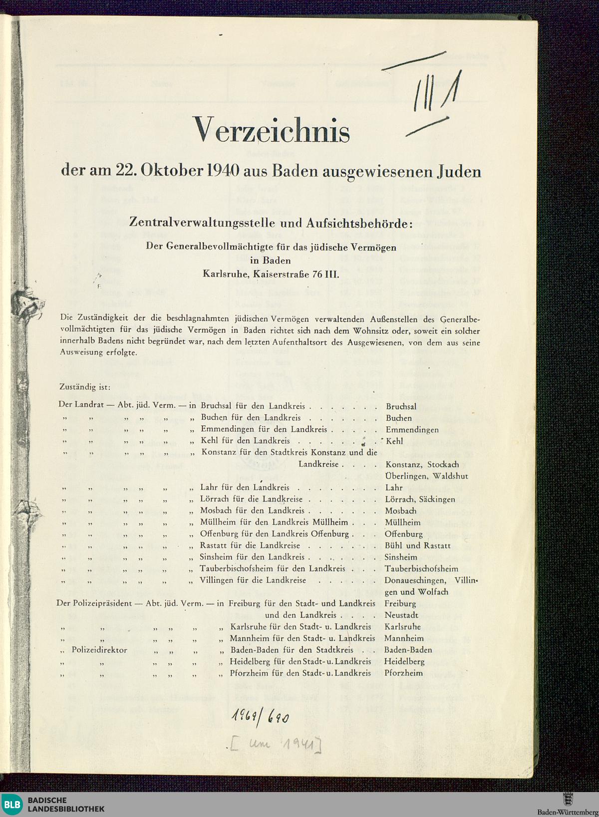Verzeichnis Der 1940 Aus Baden Ausgewiesenen Juden